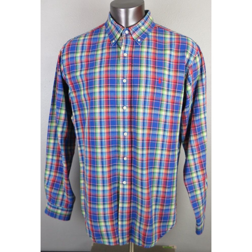 Men Ralph Lauren Long Sleeve Button Front Shirt Plaid Size XL Linen Multicolor